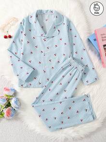 两件套可爱泡泡褶樱桃印花女童长袖长裤睡衣，舒适的面料和领口设计，非常适合春秋季睡衣派对和轻松的夜晚 - 淺藍色 - 查看 1