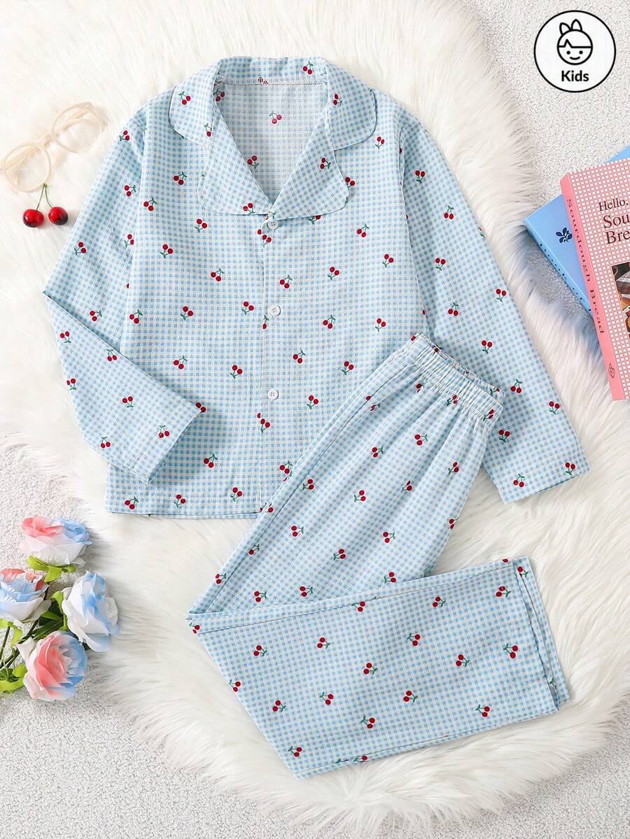 两件套可爱泡泡褶樱桃印花女童长袖长裤睡衣，舒适的面料和领口设计，非常适合春秋季睡衣派对和轻松的夜晚 - 淺藍色 - 查看 1