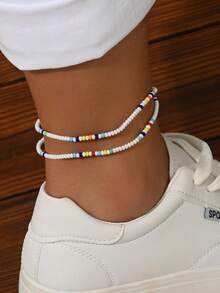 2pcs Bohemian Handmade Beaded Elastic Anklet For Women, Vacation/Party Accessory (Random Color) - Multicolor - View 1