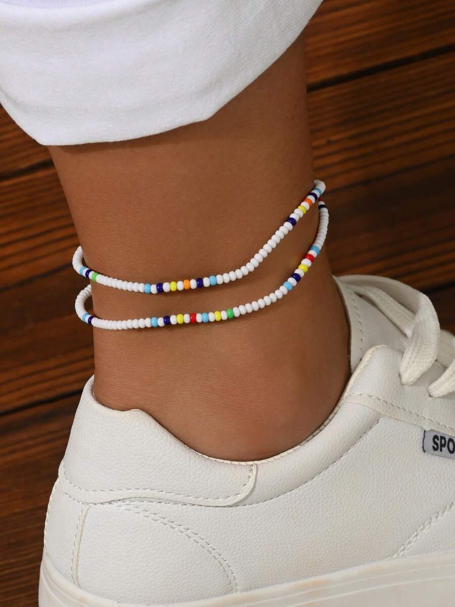 2pcs Bohemian Handmade Beaded Elastic Anklet For Women, Vacation/Party Accessory (Random Color) - Multicolor - View 1