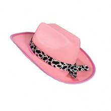 Western Cowgirl Hat For Kids Girl Boy Wide Brim Felt Vintage Fedora Cap With Cow Print Decorative Band - 粉色 - 查看 3