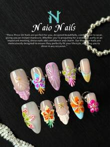 NAIO 10 件/套优雅中号杏仁形 100% 手工制作假指甲粉色珍珠白色 Hailey 同款可拆卸按压指甲，美甲套装指甲用品，带有 3D 浮雕花朵和珍珠装饰，适合日常使用、婚礼、节日派对、聚会
