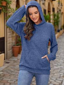 Plus Size Women Solid Color Rib Casual Vacation Hoodie With Pockets