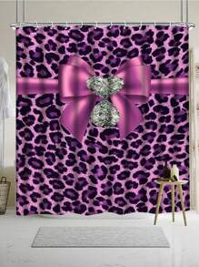 1/4 Piece Purple Leopard Print Diamond Bow Bathroom Set, Includes Shower Curtain With Hooks, Anti-Slip Rug, U-Shaped Toilet Mat, Toilet Seat Cover, Bedroom & Home Decor, Bathroom Decoration And Accessories, Holiday Gift!