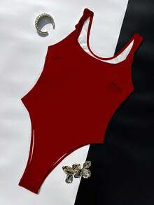 Women's Solid Color Square Neck One-Piece Swimsuit. Designed With A Minimalist Square Neckline And Wide Straps, In A Vibrant Color That Radiates Energy. - Red - View 4