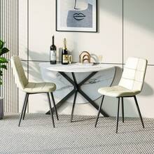 Dining Table And Chairs Set Of 2, Folding Round Dining Table With 2 PU Leather Chairs For Dining Room,Kitchen,Living Room - White Table + 2PU Beige Chairs - View 1