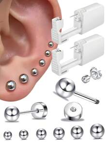 2件-10件穿孔套装-一次性无菌耳洞枪家用穿耳工具+5个银色球2mm-7mm球形平背耳钉 - 彩色 - 查看 12