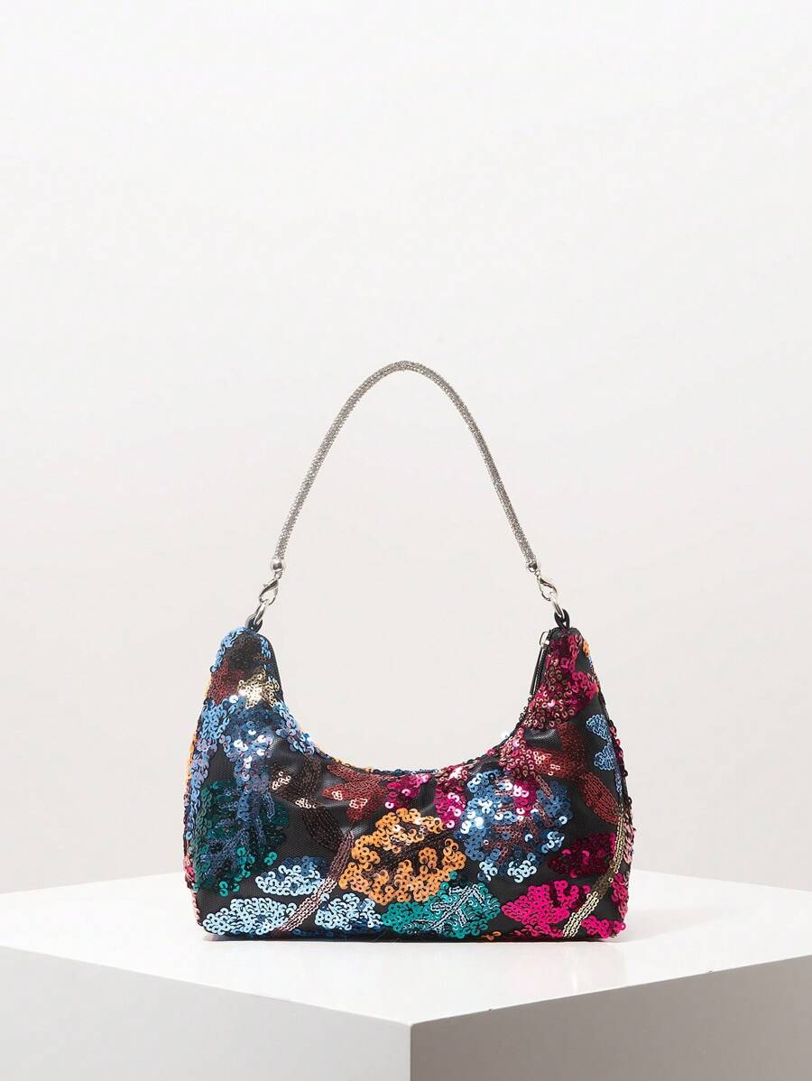 Bolso de hombro elegante y colorido para mujer con lentejuelas, bolso con estampado floral, para fiesta de novias, bolso de lentejuelas, bolso de baile de graduación, accesorios de baile de graduación, bolso de mano de señora de estilo premium, artículos de boda, bolso elegante para mujeres (patrón aleatorio)
