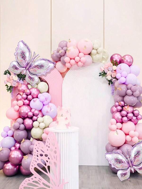 154pcs Butterfly Theme Latex Chain Set, Large Colorful Butterfly Shaped Latex Balloons In Macaron Colors, Suitable For Wedding, Birthday Party Decorations