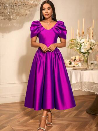 优雅 A 字形长款派对礼服，褶皱半泡泡袖鸡尾酒舞会礼服，约会装，派对装，婚纱，伴娘礼服，毕业礼服，婚礼宾客秋季女装，返校装