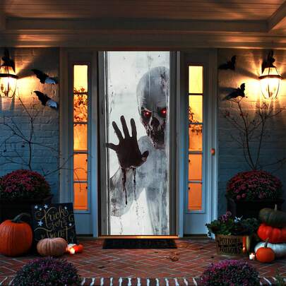 1 pièce Autocollant de porte d'Halloween d'horreur, Motif de monstre effrayant ensanglanté, Décoration d'ambiance festive, Pendentif de maison hantée pour intérieur/extérieur, Convient pour la maison, Décoration de porte d'Halloween
