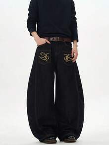 1pc Justice Brother American Style 3D Embroidered Curved Moon Arc Streetwear Contrast Stitching Men's Loose Fit Wide Leg Jeans - Black - View 4