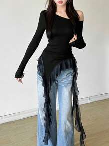 Solid Color Slim Fit Oblique Collar Long Sleeve Top