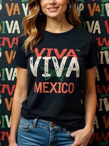 Camiseta Mujer de Impresión "Viva México", Peso 180g, Algodón Negro, Cuello Redondo, Manga Corta - Estilo Casual Para Celebraciones Mexicanas, Ideal Para Fiestas Patrias, Moda Joven y Cómoda - Negro - Ver 1