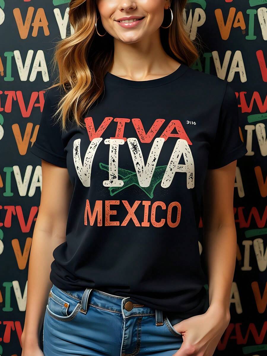 Camiseta Mujer de Impresión "Viva México", Peso 180g, Algodón Negro, Cuello Redondo, Manga Corta - Estilo Casual Para Celebraciones Mexicanas, Ideal Para Fiestas Patrias, Moda Joven y Cómoda - Negro - Ver 1