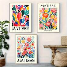 三联充满活力的“马蒂斯”花卉帆布艺术画套装 - 现代墙面装饰，松木画框，适用于客厅、卧室、厨房、家庭办公室 - 色彩缤纷的抽象海报，是咖啡馆、酒吧、宿舍、墙面装饰、客厅的理想之选 - 彩色 - 查看 2