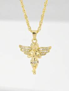 1 件欧式 14K 金分层浮雕铜镶嵌锆石天使丘比特射手吊坠项链，适合送给母亲/情侣/朋友/教母的礼物，日常和节日佩戴 - 金黃色 - 查看 10