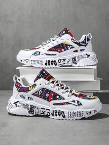 Men's Fashion Letter Pattern Contrast Color Graffiti Random Print Patchwork Front Lace-Up Round Toe Chunky Sneakers, Personalized Casual Sports Shoes For Teenagers And Campus - White and Yellow - View 2