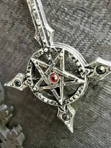 1 件优雅红水晶空心星十字吊坠项链，哥特金属银色项链适合派对、聚会、户外活动、表演服装 - 復古銀色 - 查看 3