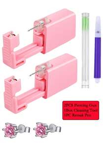 Kit de pistola de perfuração de orelha rosa, 1 peça/4 peças, brincos de cristal de coroa, descartáveis, assépticos, domésticos, portáteis, conjunto de ferramentas de perfuração de orelha com ferramenta de limpeza de furo de orelha e caneta de observação
