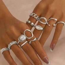12 件女士可调节几何独特设计不对称奢华戒指套装 [有些戒指是开口但不可调节，请勿用力弯曲，否则可能会断裂，尺寸已标注]