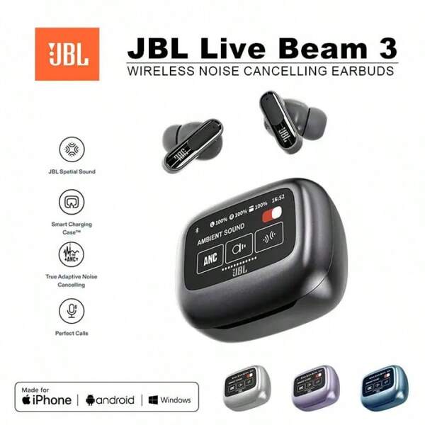JBL سماعات الأذن اللاسلكية Bluetooth الحقيقية JBL Live Beam 3 مزودة بحالة شحن ذكية مع مصابيح LED، سماعات عازلة للضوضاء Beam3