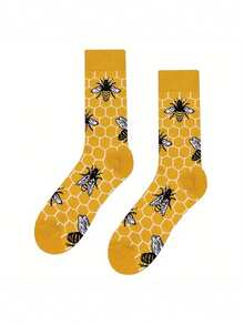 1/3/5 Pairs Men's Bee Mesh Mid-Calf Socks, Unisex All-Season Style, Suitable For Sports & Travel, Novelty Gift For Couples, Parents & Families - Multicolor - View 3