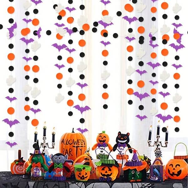 39ft Halloween Party Decorations Garland Streamers Purple Bat White Ghost Black Orange Polka Dots Hanging Paper Banner Bunting Halloween Eve Birthday Home Fireplace Decoration Supplies Home Decor Halloween Decor Fall Decor Room Decor