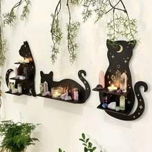 1 pieza Soporte para exhibir cristal con gato negro, estante de luna flotante con gato, estantería de madera con gato lindo montado en la pared para decoración gótica - Multicolor - Ver 4