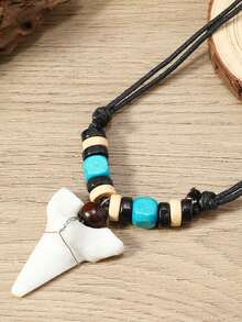 1pc Men's Summer Boho Wooden Bead Shark Tooth Pendant Necklace, Suitable For Daily Wear, Parties, Gatherings, Beach Vacation - Shark Tooth Necklace - View 4