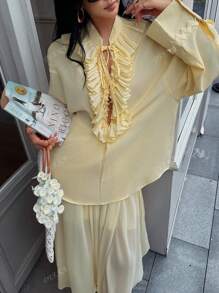 Robe blouse ample d'été à col V style papillon pour femmes, tenue de mode française, jaune beurre