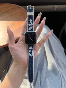 Marineblaues Denim-Uhrenarmband im japanischen Stil mit 3D-Blumenstickerei, exquisite Handwerkskunst, passend für Apple Watch Series 10/9/8/7/6/5/4/3, 49 mm/46 mm/44 mm/42 mm/40 mm/38 mm