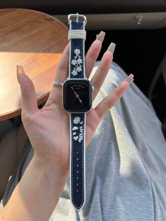 Navy Blue Denim Japanese Style Embroidered 3D Floral Exquisite Craftsmanship Watch Band, Suitable For Apple Watch Series 10/9/8/7/6/5/4/3, 49mm/46mm/44mm/42mm/40mm/38mm