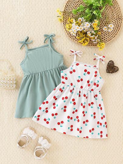 2pcs Set Baby Girls Cute Fruit & Cherry Printing Bow Decor Suspender Cinched Waist Dress Outfit, Suitable For Daily Wear, Travel, Summer Season
