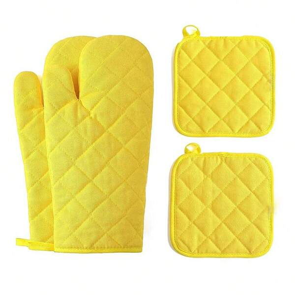4 pièces Set de maniques et de tampons résistants à la chaleur en jaune. Résistants aux températures jusqu'à 500°C, épais et longs gants de cuisine pour four, gants pour micro-ondes, convient pour la cuisson et la pâtisserie