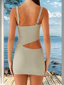Women Cut Out Cami Dress Slim Solid Color V Neck Sleeveless Open Back Mini Bodycon Dress - Green - View 5