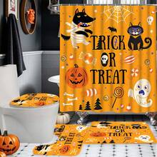 1/4 件万圣节图案浴帘和垫子套装，家居装饰浴帘，浴室淋浴垫，现代风格浴室窗帘，浴室地毯，U 型马桶垫，马桶盖，12 个挂钩，送给朋友和家人的完美节日礼物，圣诞装饰