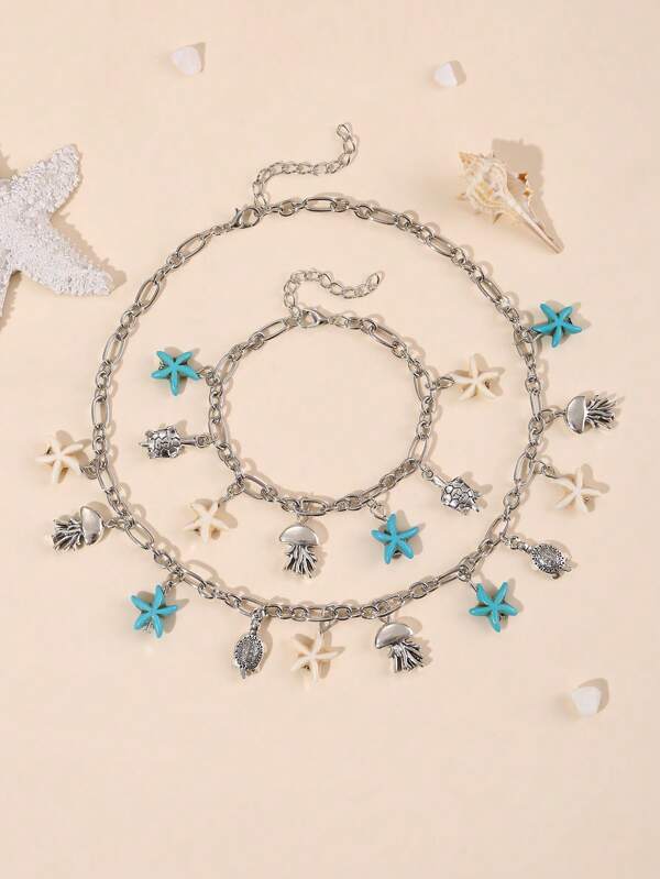 2pcs/Set Starfish & Sea Turtle Necklace And Bracelet Set
