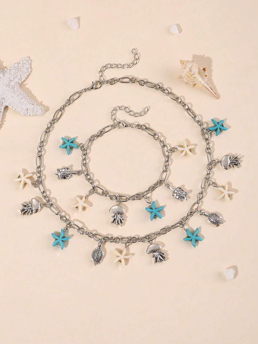 2pcs/Set Starfish & Sea Turtle Necklace And Bracelet Set