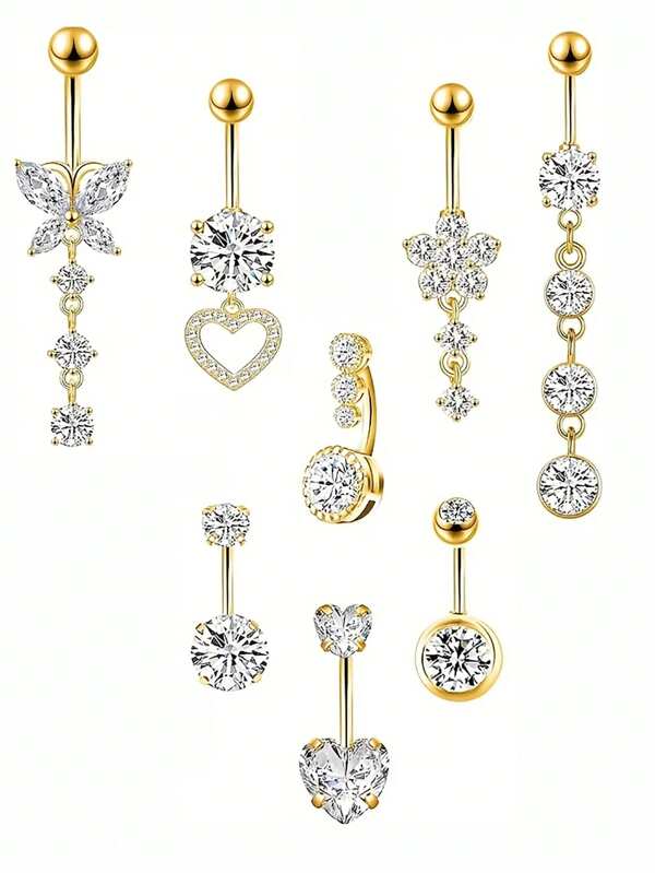 8pcs Fashionable Shiny Cubic Zirconia Decorated Navel Piercing Jewelry For Women