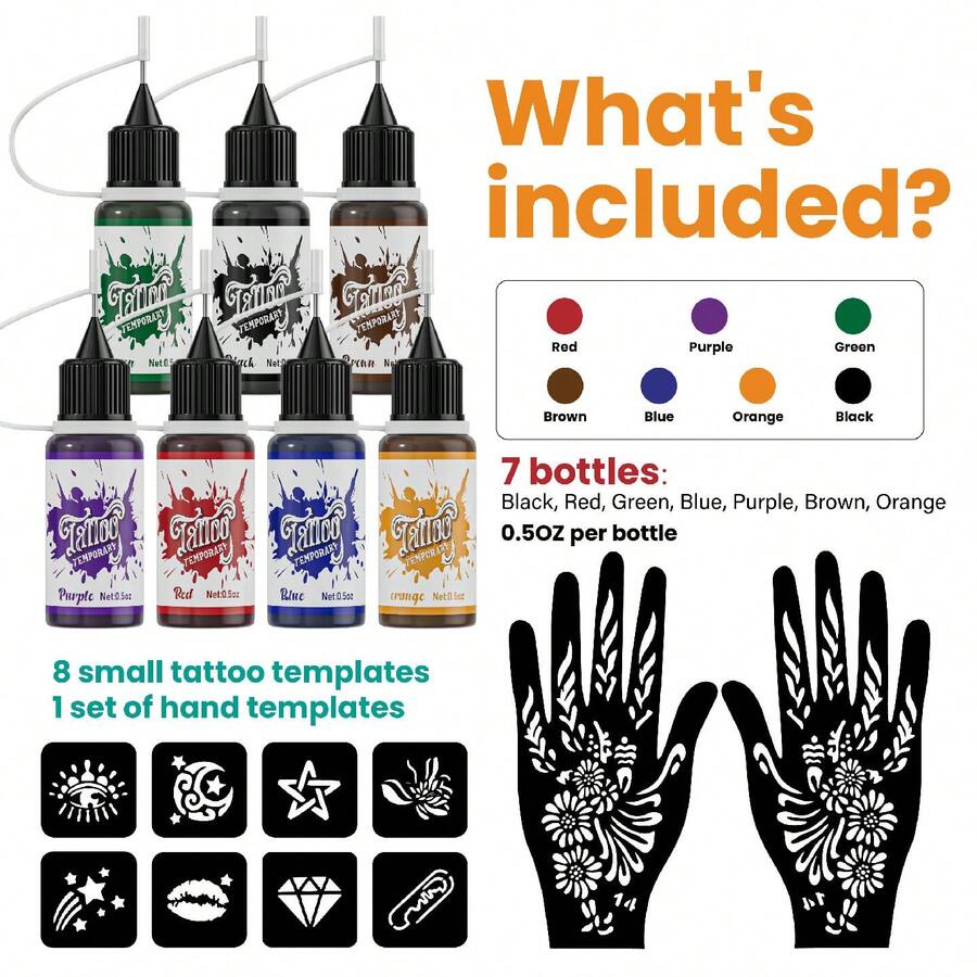 Neebol Temporary Tattoo Ink Set, 7 Color Henna Tattoo Juice Ink With ...