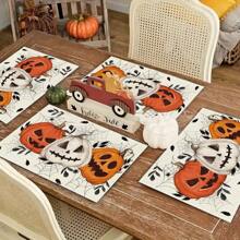 Juego de 4/6/12 manteles individuales - Estampado de calabaza de terror, bruja y murciélago - Manteles individuales impresos creativos, resistentes al calor, decoración de mesa de cocina para Halloween, decoración de habitación, decoraciones de mesa para fiestas, mejorando la atmósfera festiva