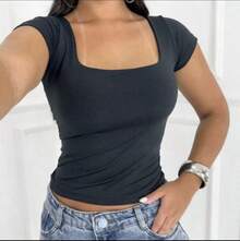 Women's Short Sleeve Square Neckline Suplex Casual And Body-Hugging Style - 黑色 - 查看 2