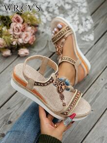 WRCVS 女士米色系带凉鞋，夏季坡跟厚底草绳鞋底别致度假凉鞋，手工串珠编织图案随机波西米亚风格厚底坡跟户外凉鞋
