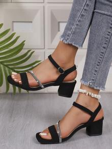 1 Pair Fashion Strap Women Chunky Heel Sandals, Solid Color Open Toe, Minimalist Style, Suede Back, European & American Design - Diamond Strip Black - View 3