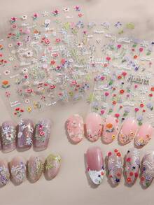2/4 Pcs Spring Wildflowers Embossed Three-Dimensional Colorful Flower Nail Stickers, Monet's Garden Flowers Small Floral Patterns, Adhesive Back Self-Adhesive Acrylic Nail Art Decals, Suitable For Women And Girls Fashion DIY Manicure - Multicolor - View 5
