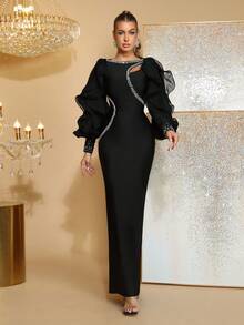 2025夏季新款性感黑色长袖钻石镂空荷叶边修身长裙，优雅迷人，适合派对、约会、单身派对、伴娘、正式晚宴或庆典、情人节等场合。 - 黑色 - 查看 2