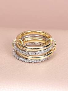18K Gold Plated Interlocking Stackable Rings Set, Women's Personalized Rings With Cubic Zirconia, Suitable As Gifts - Serial - View 12