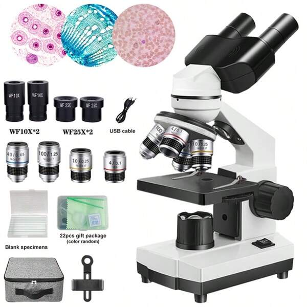 Biologisches optisches zusammengesetztes Binokular-Mikroskop, aufgerüstete 4-fach Objektivlinse, 40X-2500X Vergrößerung, aufgerüstete obere und untere LED-Beleuchtung, inklusive doppelte Weitwinkel-Okulare und Beobachtungsset, Metallsockel Binokular-Mikroskop für Experimente