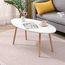 Oval Coffee Table, Oval Shape Sofa Side Table, Home Office Center Table, Tea Table For Living Room, Modern White Cocktail Table With Wood Legs - White - View 2